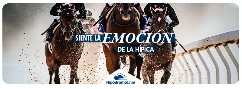 Banner de carrera con la leyenda «Siente la emoción de la hípica» y el logo de Hipódromo Chile